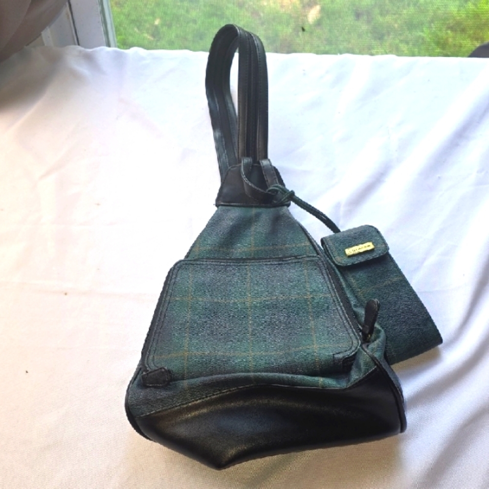 VTG Villager Liz Claiborne Purse Crossbody Backpack Green Black Plaid Changeable
